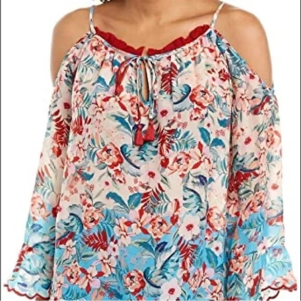 Johnny Was Cream Cold-Shoulder Floral Blouse with Red & Blue Accents